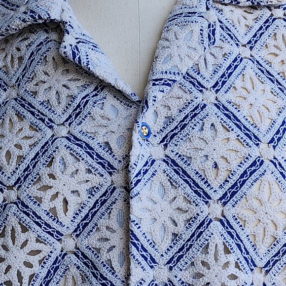 Stacy Adams Men"s Blue Geometric Floral Lattice Crochet Woven Shirt Size XL - Picture 6 of 11